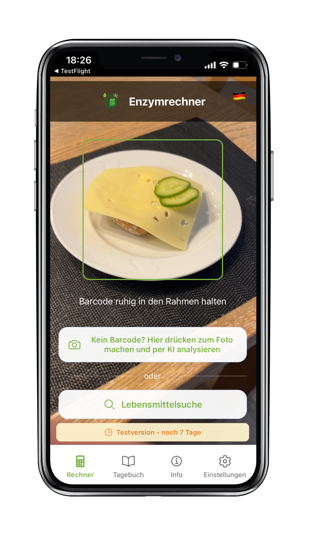 Enzyme berechnen App - Hauptbildschirm mit Barcode-Scanner für schnelle Lebensmittelerkennung und Fettgehalt-Analyse